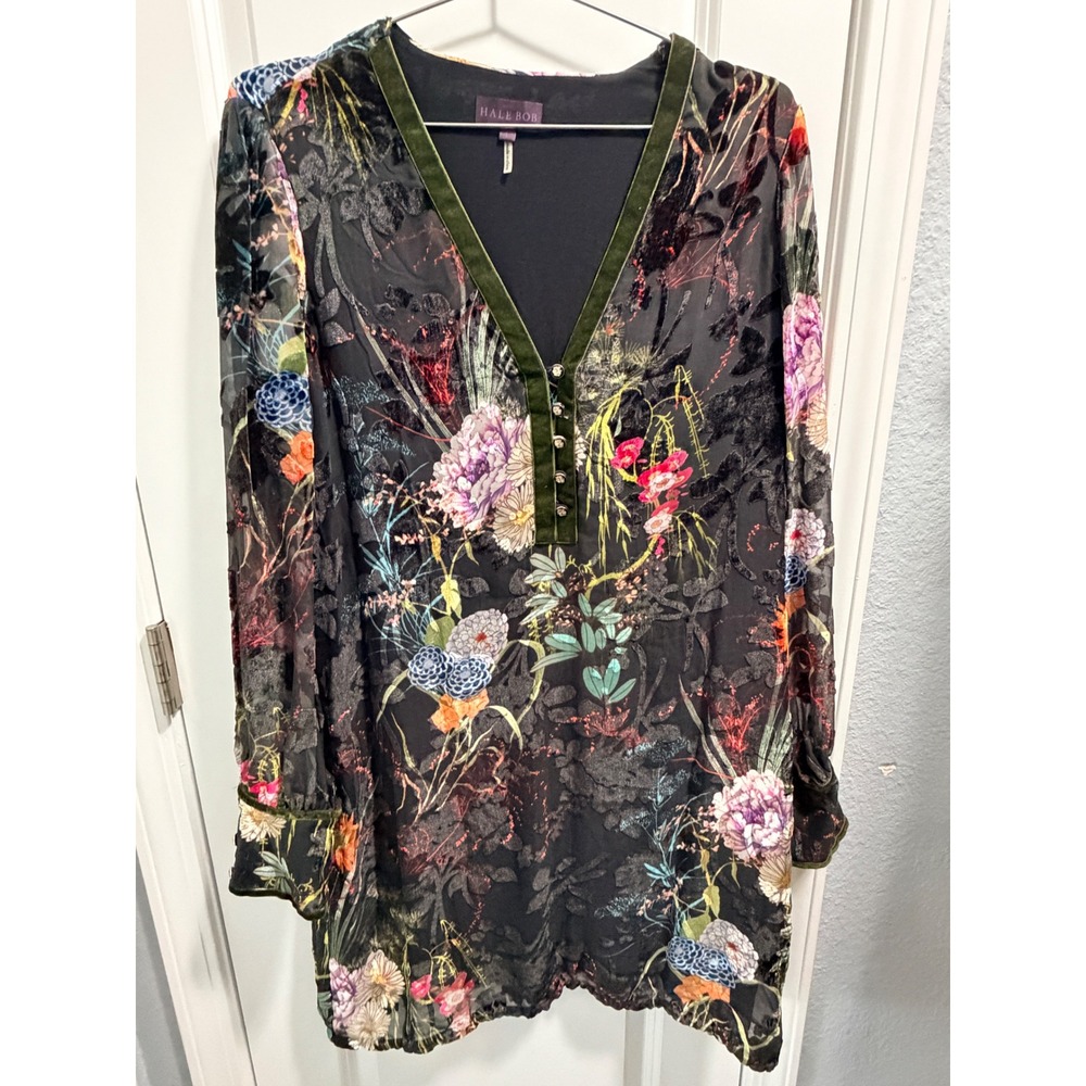Hale Bob Floral Burnout Velvet Trim Tunic Dress Black Silk Blend 98RD6738 L